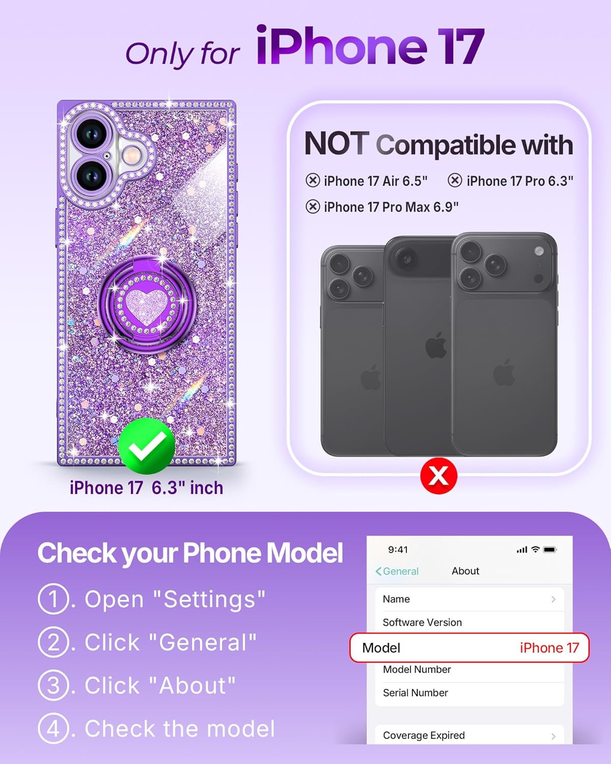 Detalle 2 de XYZ for iPhone 17 Case with Glitter Bling, 2-Way Ring Stand & Lanyard — Purple