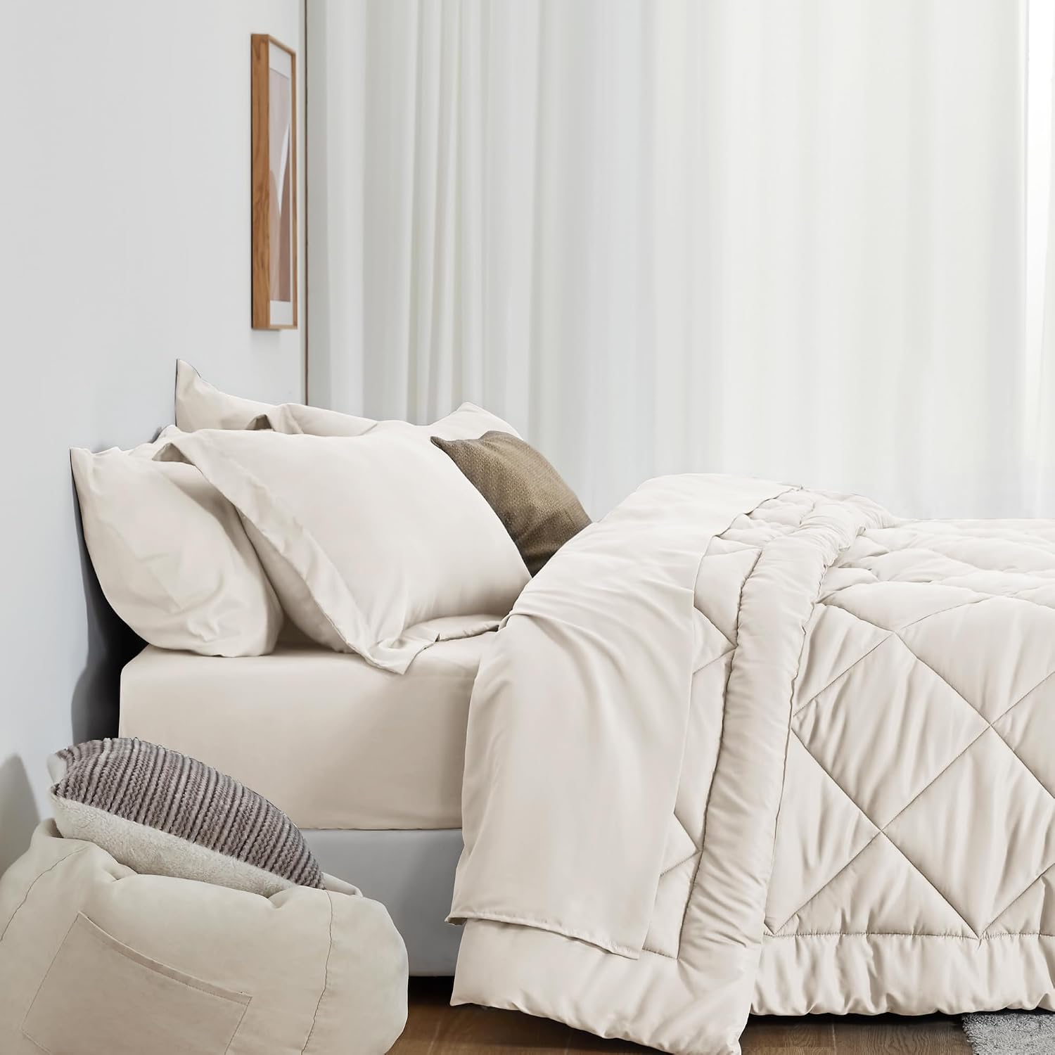 Detalle de Love's cabin Twin Comforter Set, Beige 5-Piece Bedding in a Bag