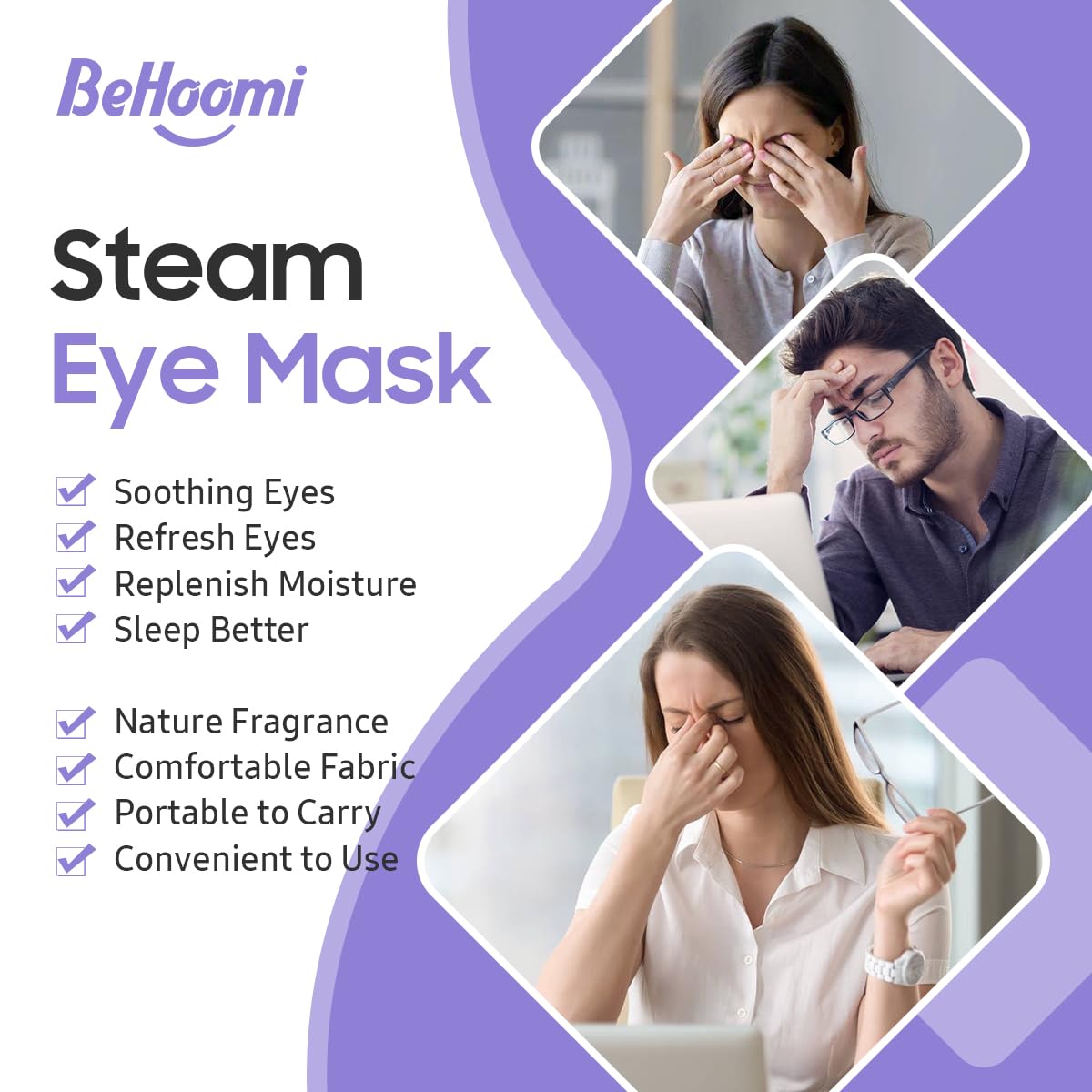 Detalle de BeHoomi Lavender-20 Steam Eye Masks, Self-Heating Disposable 20-Pack