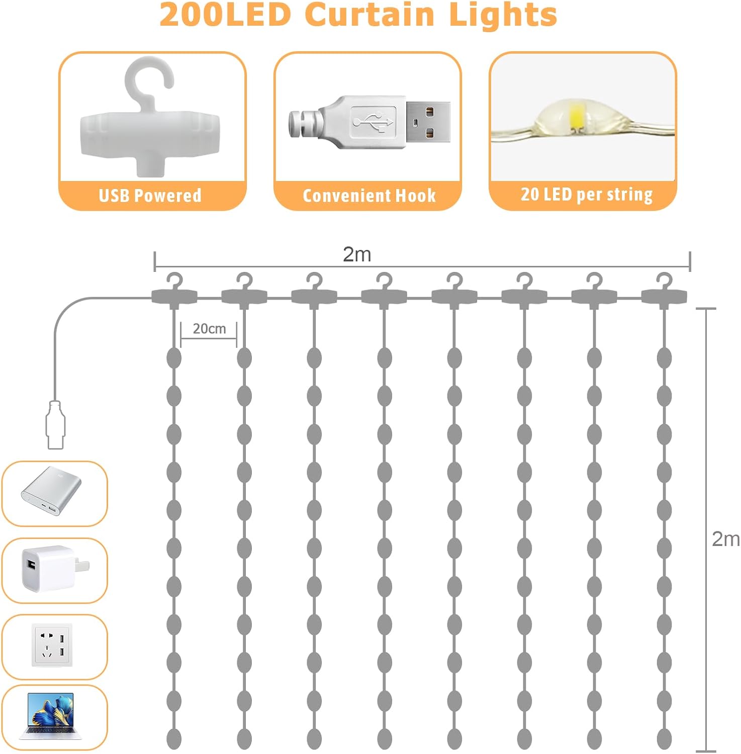 Detalle de A.bigwhale Lichtervorhang 2x2m 200 LED