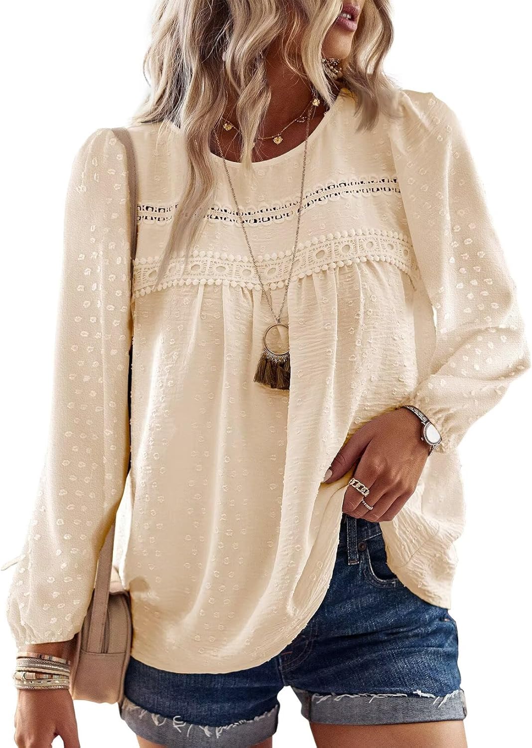 Thumbnail 6 de TUUHAW Women’s Boho Crochet Lace Round Neck Long Sleeve Top