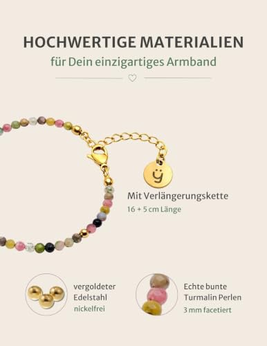 Detalle de Happymaker - Bracciale Donna con Tormalina Multicolore, Pietra Naturale, Perline e Chiusura in Acciaio Inox Placcato Oro 18K, Fatto a Mano in Germania