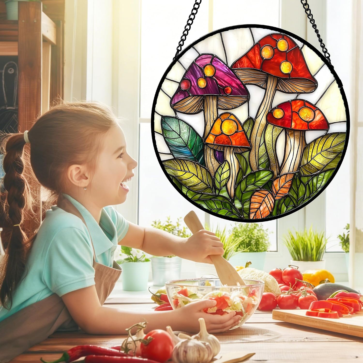 Thumbnail 5 de DASTOLL Mushroom Leaves Window Suncatcher, 6.3-Inch Red and White Glass Decor