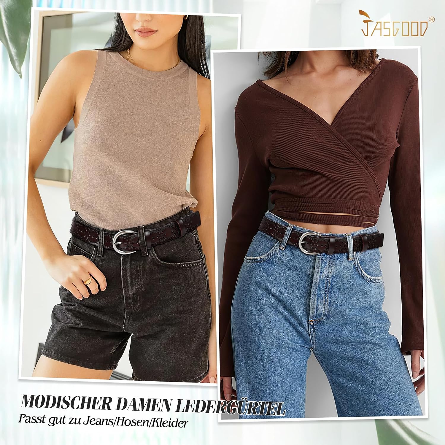 Detalle de JasGood Damen Ledergürtel mit hohlem Blumendesign – Dornschließe, 5 Größen, 4 Farben