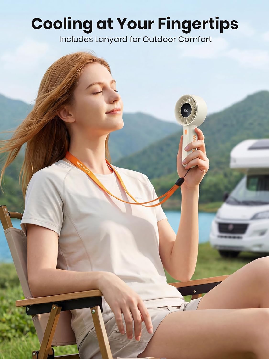 Thumbnail 4 de Warmco Portable Handheld Turbo Fan 5000mAh – 4-Speed Mini Fan with Base & Lanyard, USB Rechargeable, White