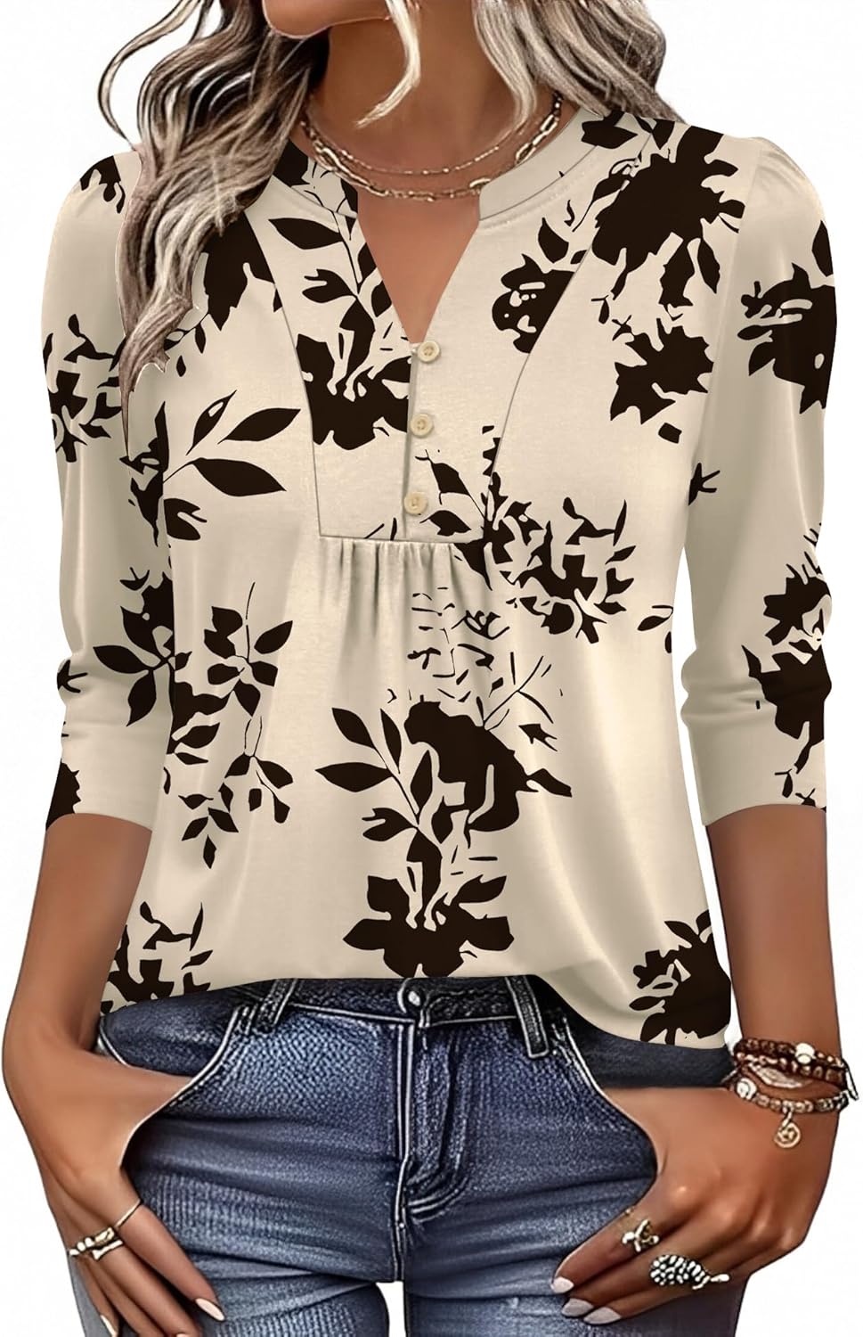 Thumbnail 1 de IECCP 3/4 Sleeve Pleated Henley V-Neck Top