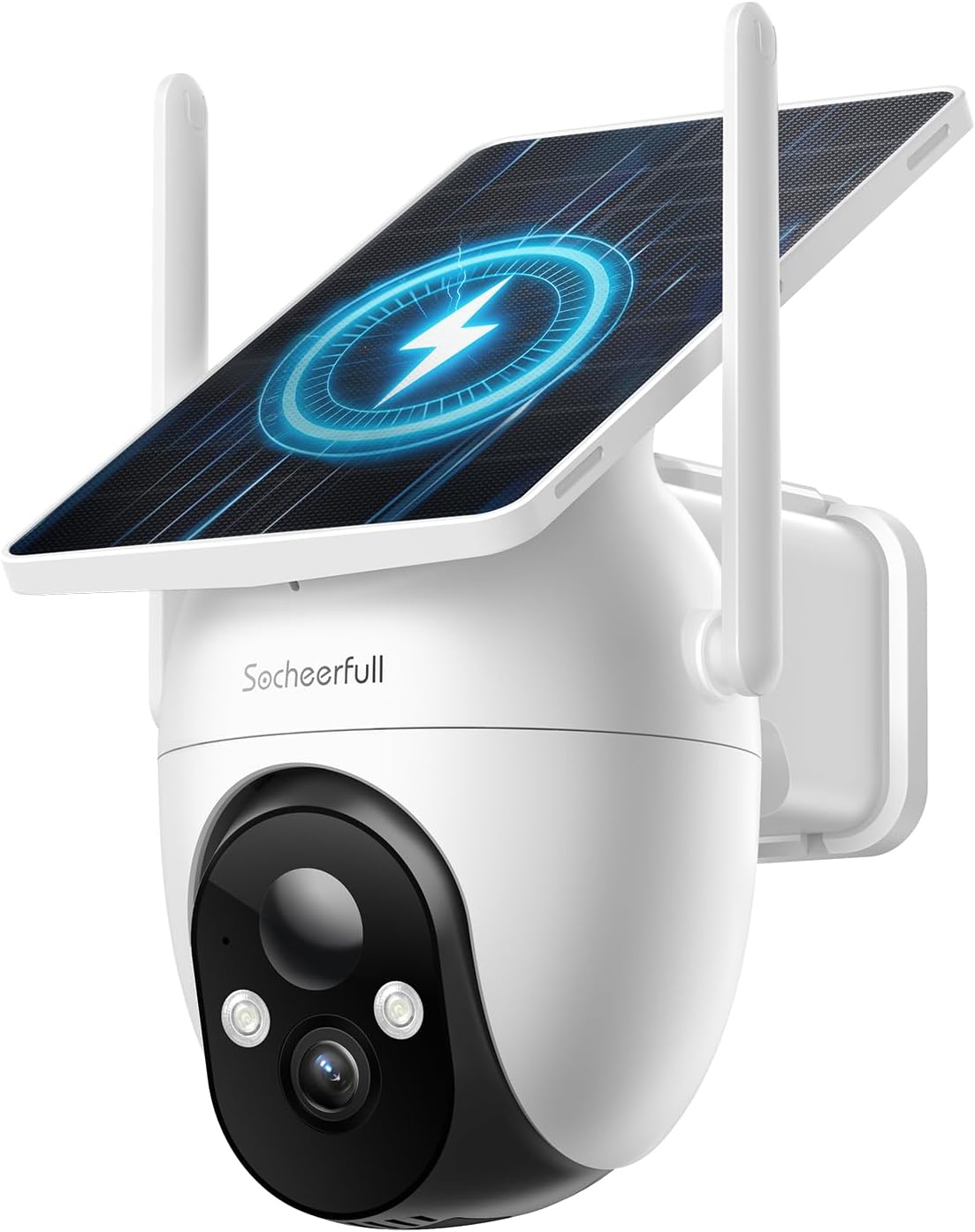 Detalle de Socheerfull 2K Überwachungskamera Außen Solar – kabellose 2,4 GHz WLAN Kamera mit Integriertem Solarpanel, 350° Rundum-Überwachung, KI-Erkennung, Farbnachtsicht und 2-Wege-Audio
