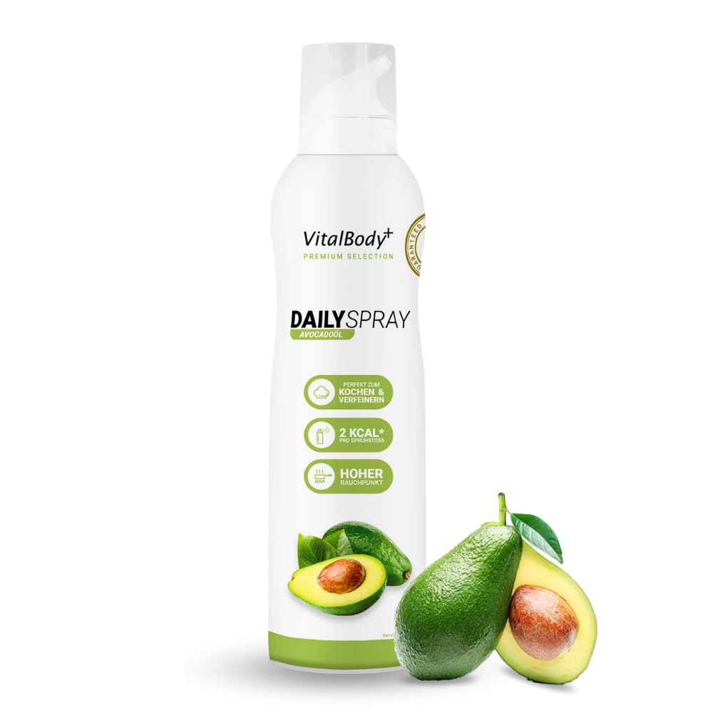 Detalle de VitalBody+ DailySpray Avocadoöl – 2 kcal pro Sprühstoß, kalorienarm, antihaftend für Airfryer, Braten & Grillen