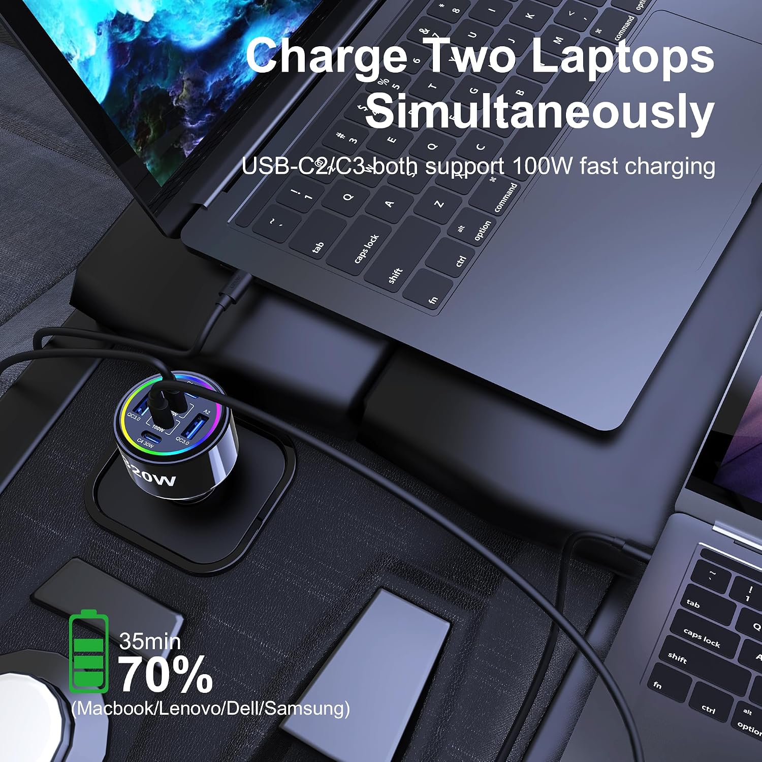 Detalle de 320W USB-C Car Charger with 6 Ports: PD3.0/QC4.0 PPS Fast Charging for iPhone, MacBook, and More