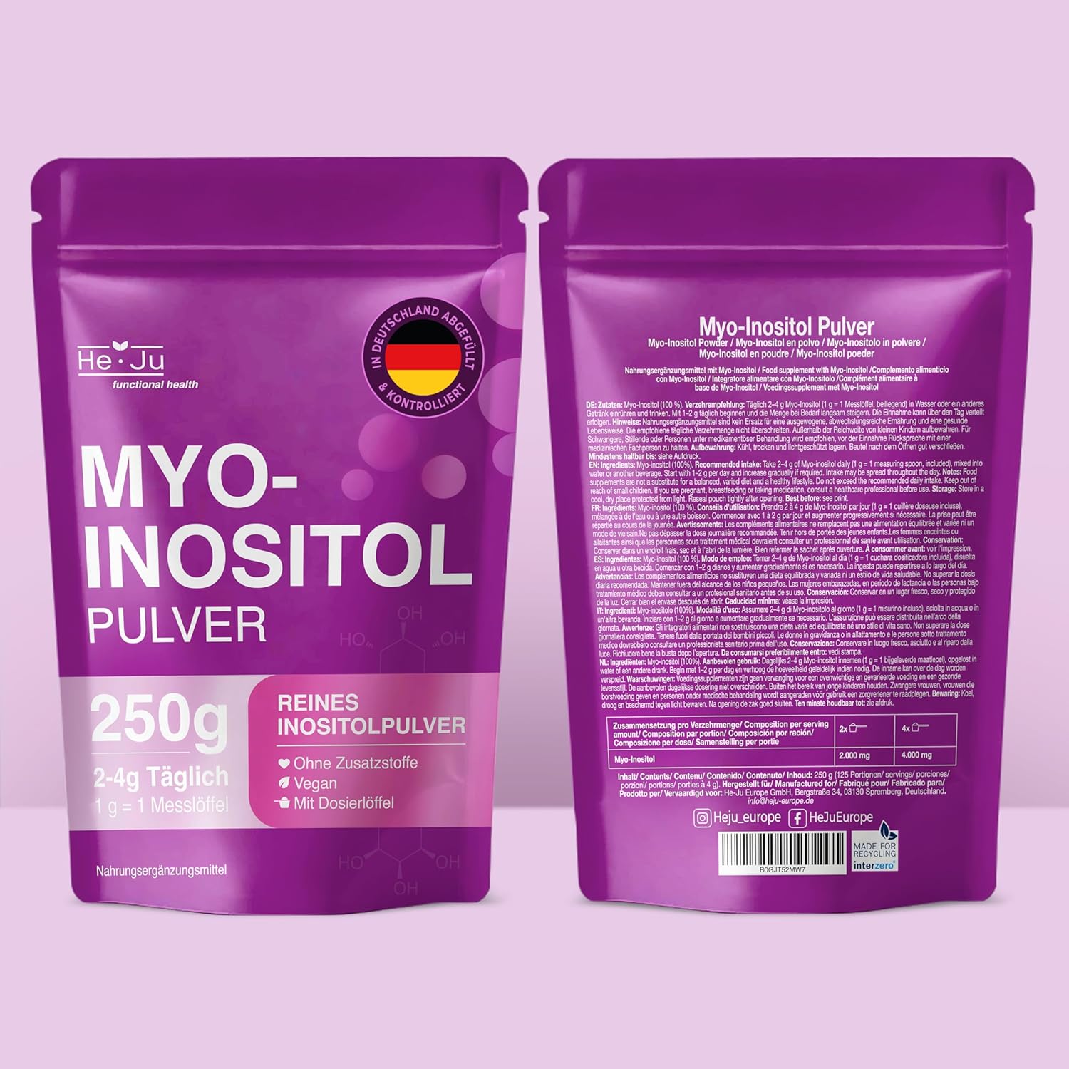Thumbnail 3 de Myo-Inositol Pulver 250 g (100% reines Myo-Inositol) – 4.000 mg pro Portion, vegan & geschmacksneutral inkl. Dosierlöffel