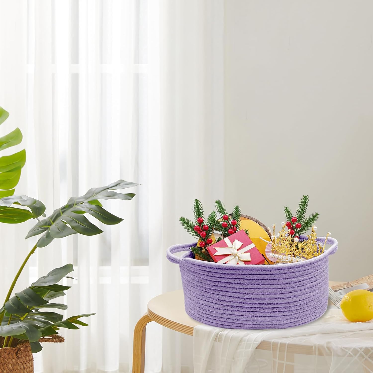 Thumbnail 2 de Gift Baskets Empty: 1 Pcs Woven Rope Hamper with 2 Clear Bags and 2 Drawstring Bows (Purple)