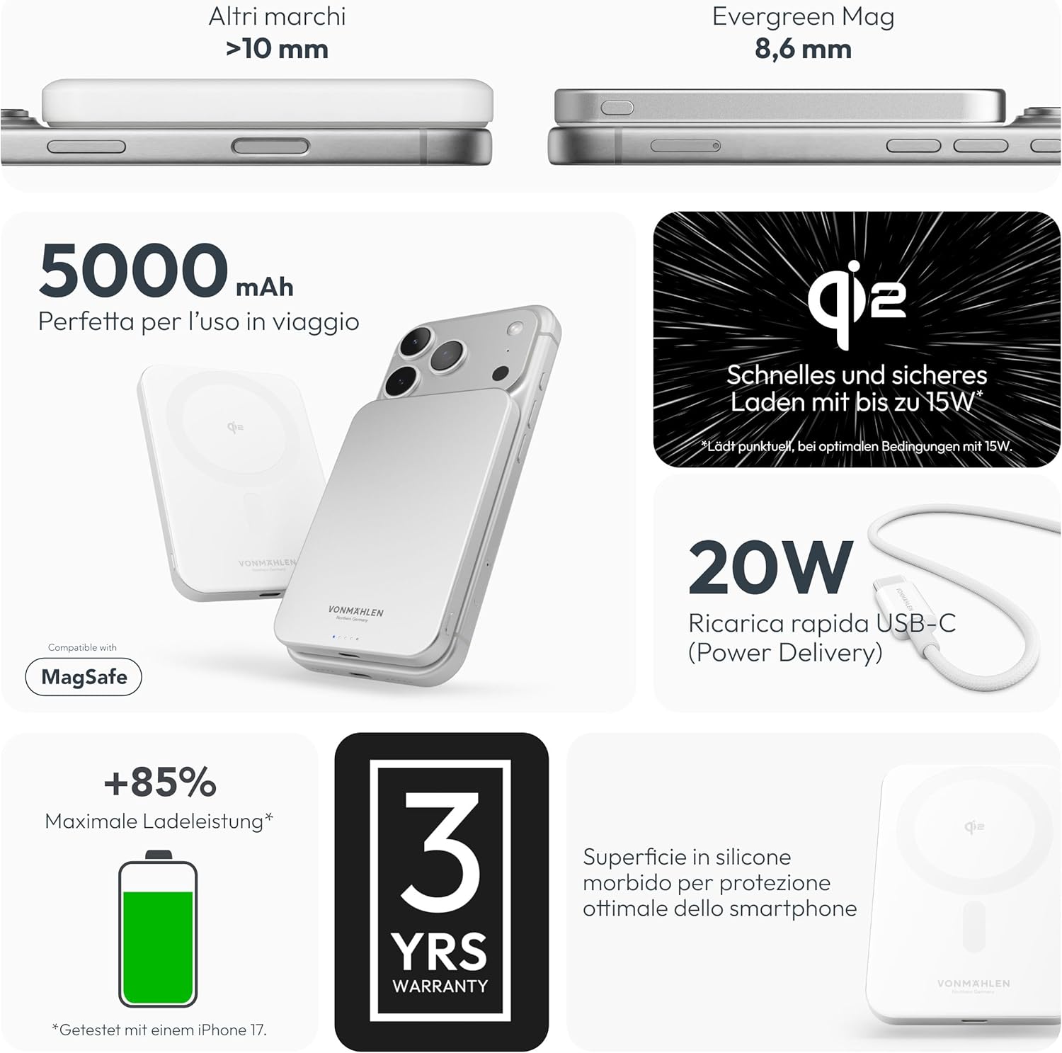 Thumbnail 3 de Vonmählen Evergreen Mag – Powerbank Magnetica Ultra-Sottile 5000 mAh, Qi 15W e USB-C PD 20W