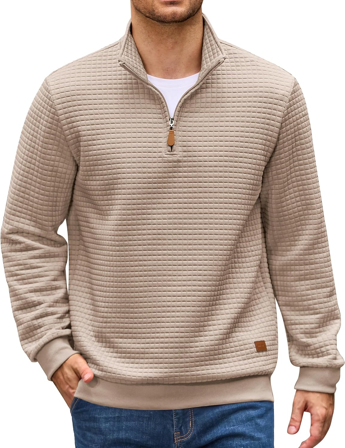 Detalle de COOFANDY Men's Quarter-Zip Pullover, Quilted Fabric