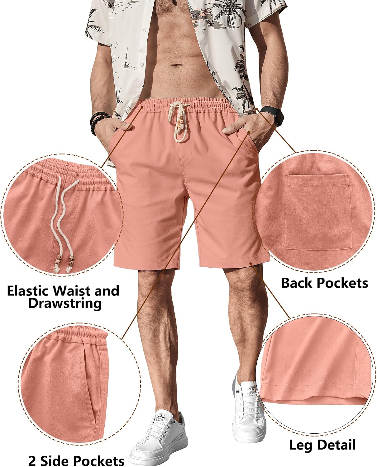 Detalle 2 de Comdecevis Men’s Linen Shorts with Elastic Waist, Drawstring & Pockets (Cotton-Linen Blend)