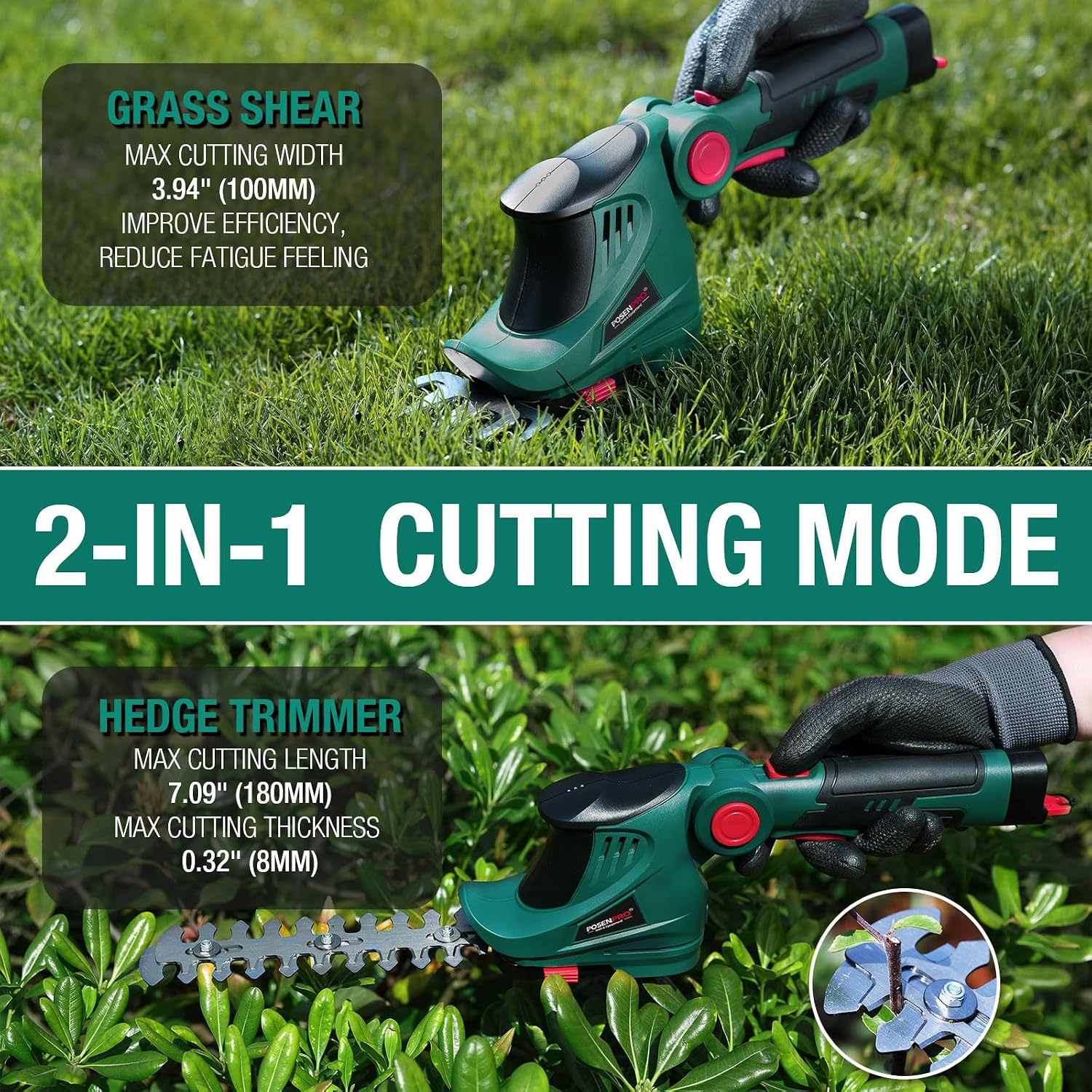 Thumbnail 5 de POSENPRO Cordless Grass Shear & Hedge Trimmer 7.2V: 2-in-1 Lightweight, Rotatable Handle, Type-C Charging