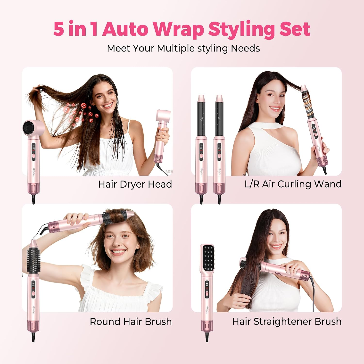 Detalle de 5 in 1 Hot Air Styler Brush (1000W) with LCD Display, Auto Rotating Curler & Snap-On Attachments
