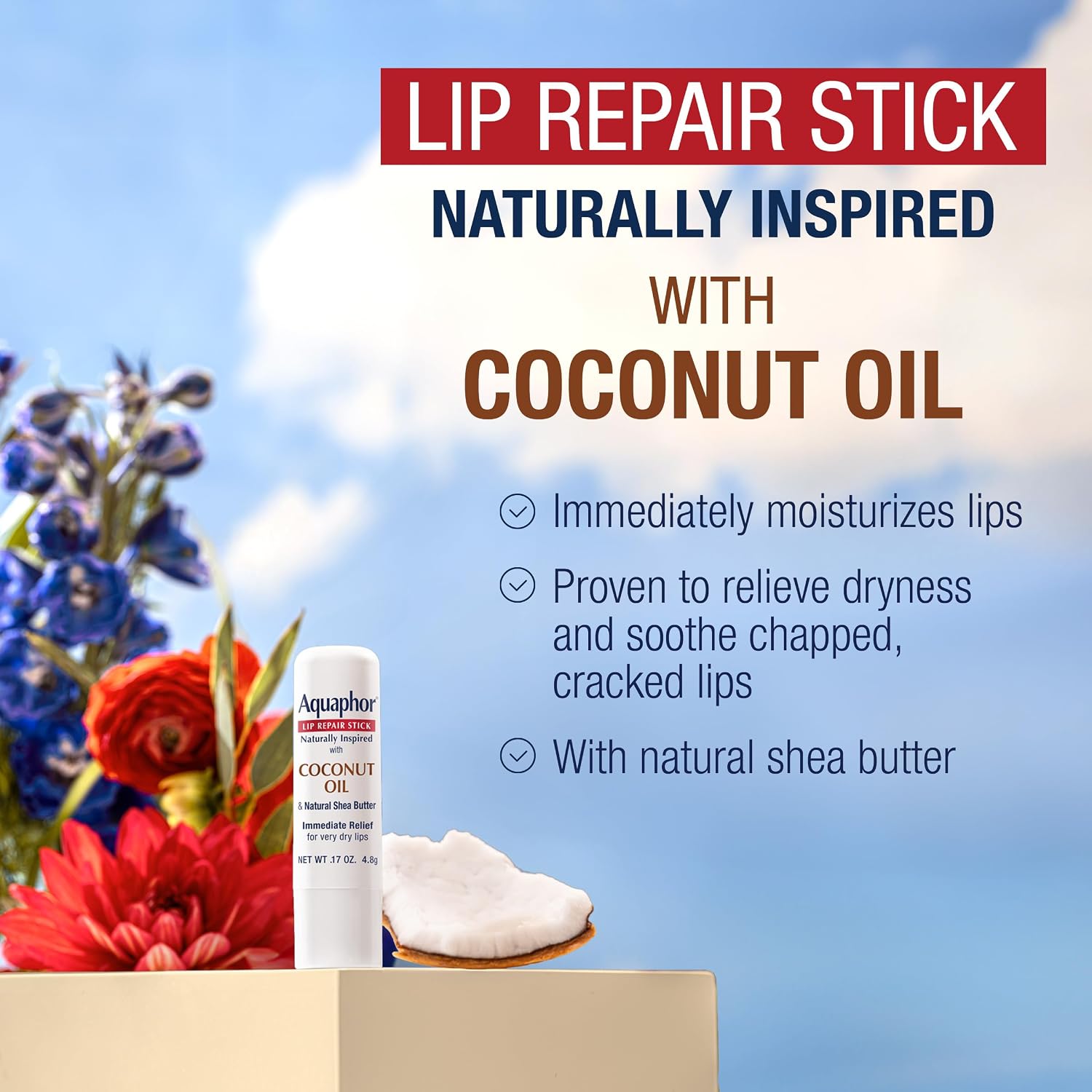 Detalle de Aquaphor Naturally Inspired Lip Repair Stick with Coconut Oil and Shea Butter — 3-Pack, 0.17 Oz Each