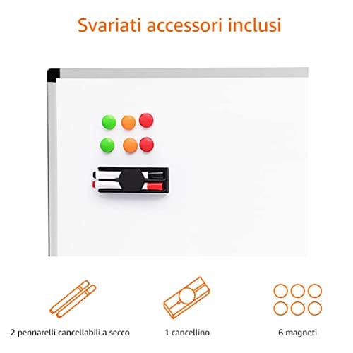 Detalle de Amazon Basics Lavagna magnetica cancellabile a secco 90x60 cm con cornice in alluminio, porta pennarelli e kit montaggio