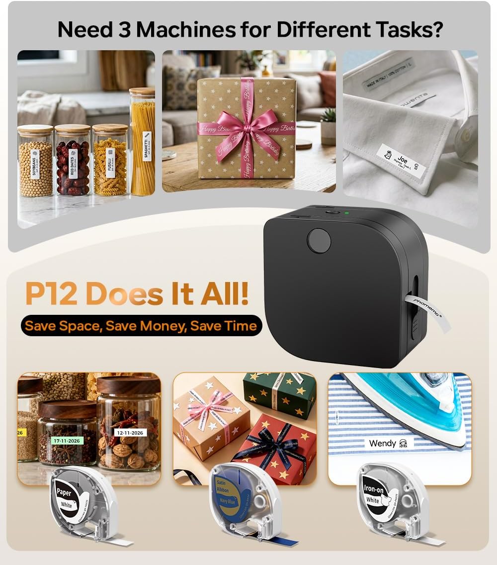 Thumbnail 2 de Phomemo P12 Label Maker: 2026 Bluetooth Inkless 3-in-1 Label Printer