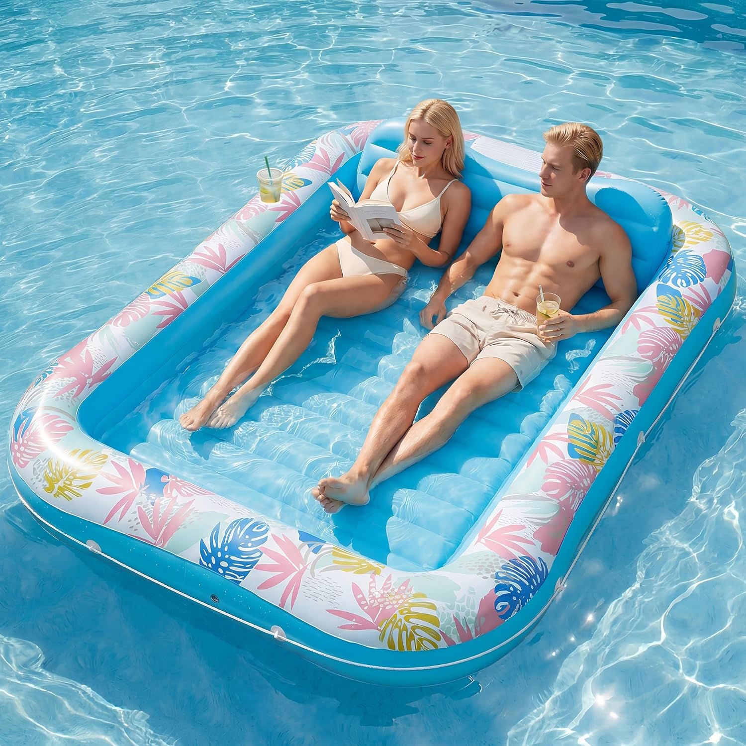 Thumbnail 6 de OKSUWATER Tanning Pool Lounger Float (87" x 63", Blue, XL) with Headrest, Cup Holder, and Heavy-Duty Design