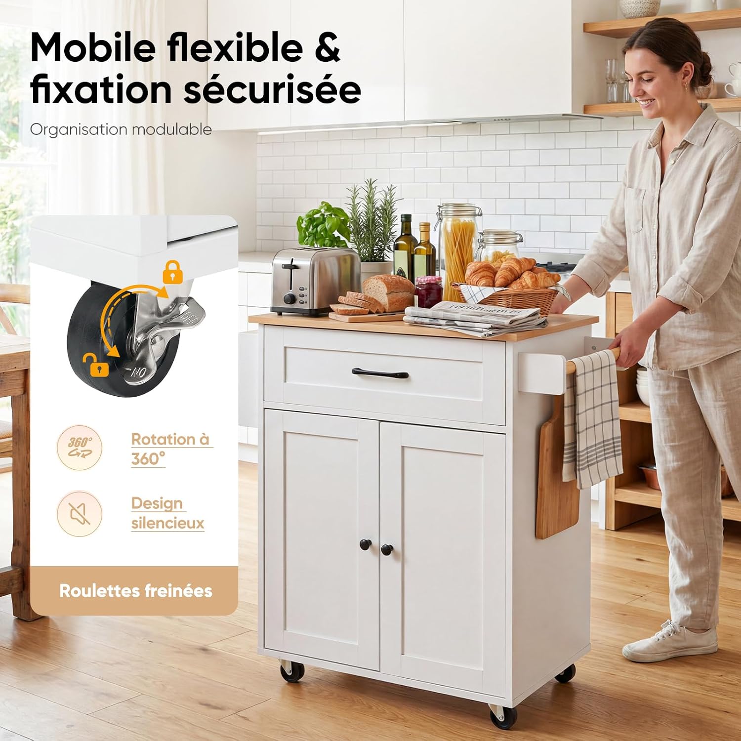 Thumbnail 6 de HOKEEPER chariot de cuisine mobile avec porte-serviettes, étagère à épices et tiroirs