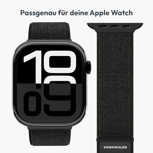 Detalle de VONMÄHLEN Fitness Loop 2 – Sportarmband aus robustem Nylongewebe für Apple Watch, Größe 44–49 mm, Schwarz