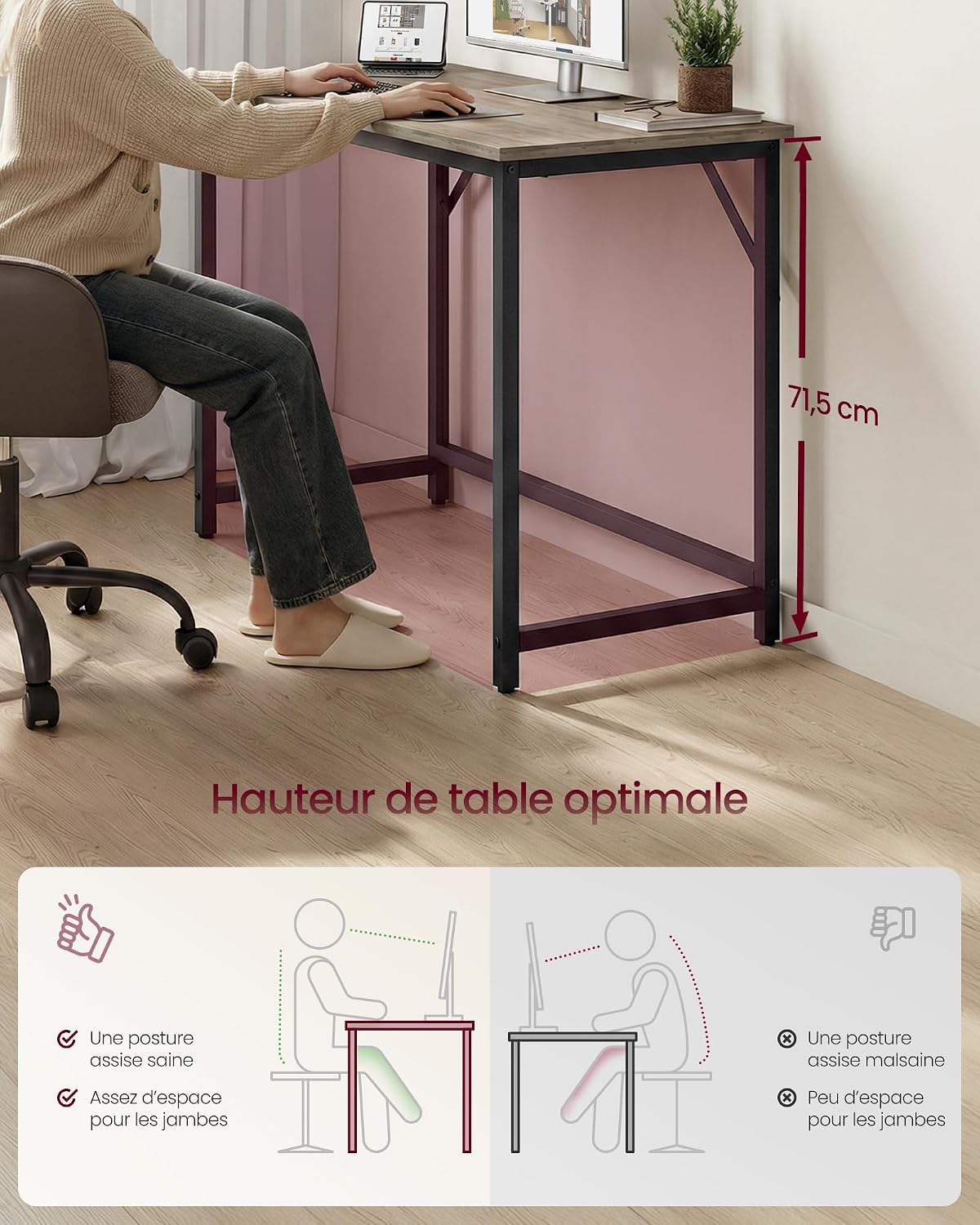 Detalle de VASAGLE LWD041B02 compact bureau 100 x 50 cm, grijs en zwart