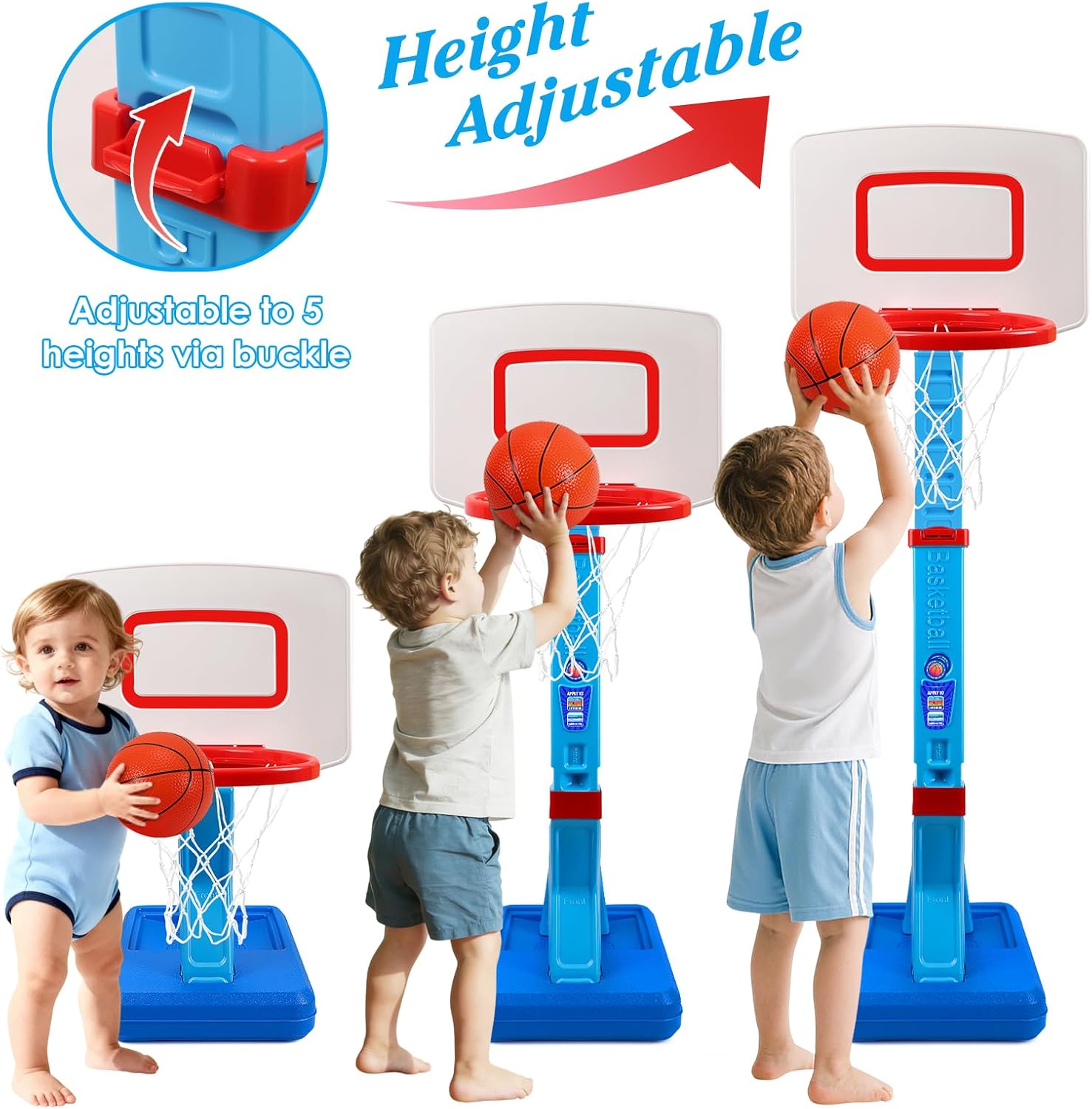 Thumbnail 5 de AOSPHYS Toddler Basketball Hoop (27.6–54 in) with 4 Inflatable Balls & Pump — Height-Adjustable Indoor/Outdoor