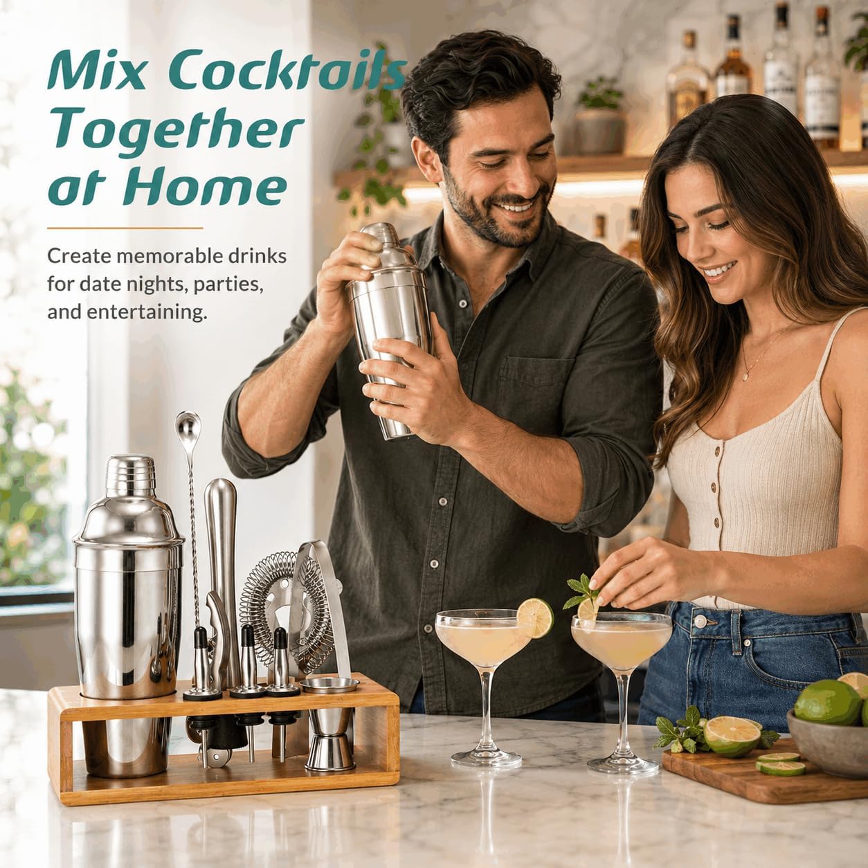 Detalle 2 de Cocktail Shaker Set (18/8 Food-Grade Stainless Steel) 10-Piece Martini Shaker Kit with Bamboo Stand