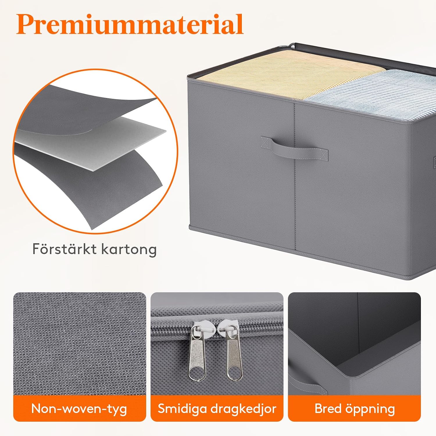 Detalle 2 de Lifewit 24300 förvaringslådor i tyg, 6-pack med dragkedja, grå, 56 x 33 x 32 cm