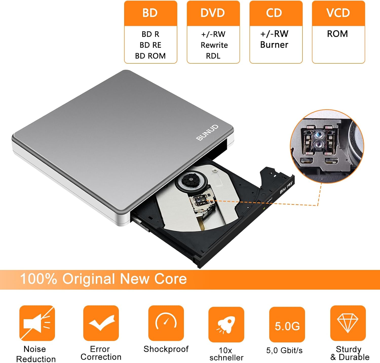 Detalle 2 de External Blu Ray DVD Drive (USB 3.0 & Type-C) with SD/TF, 3D Slim Burner for Windows & Mac