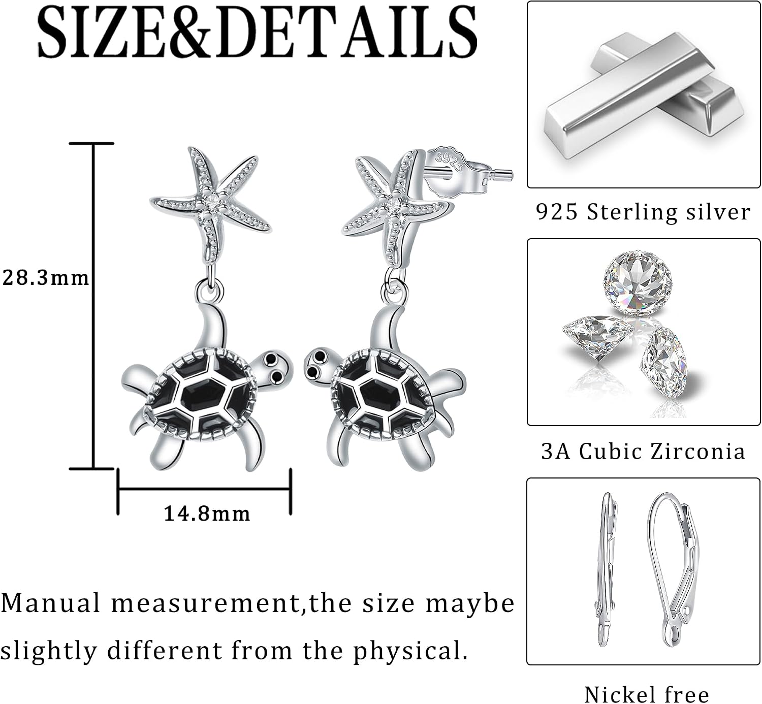 Detalle 2 de Micory Damen hängende Ohrringe aus 925 Sterling Silber mit Schildkröten-Design