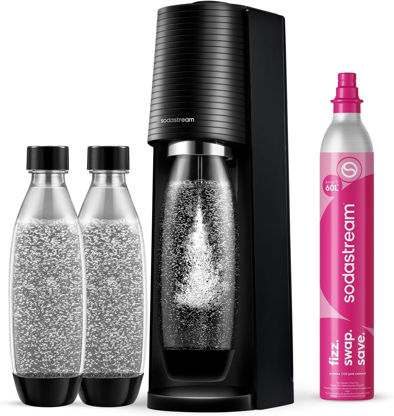 Detalle de Sodastream Terra : machine à eau pétillante noire avec CO₂ Quick Connect, 60 L de gaz et 3 bouteilles 1 L sans BPA