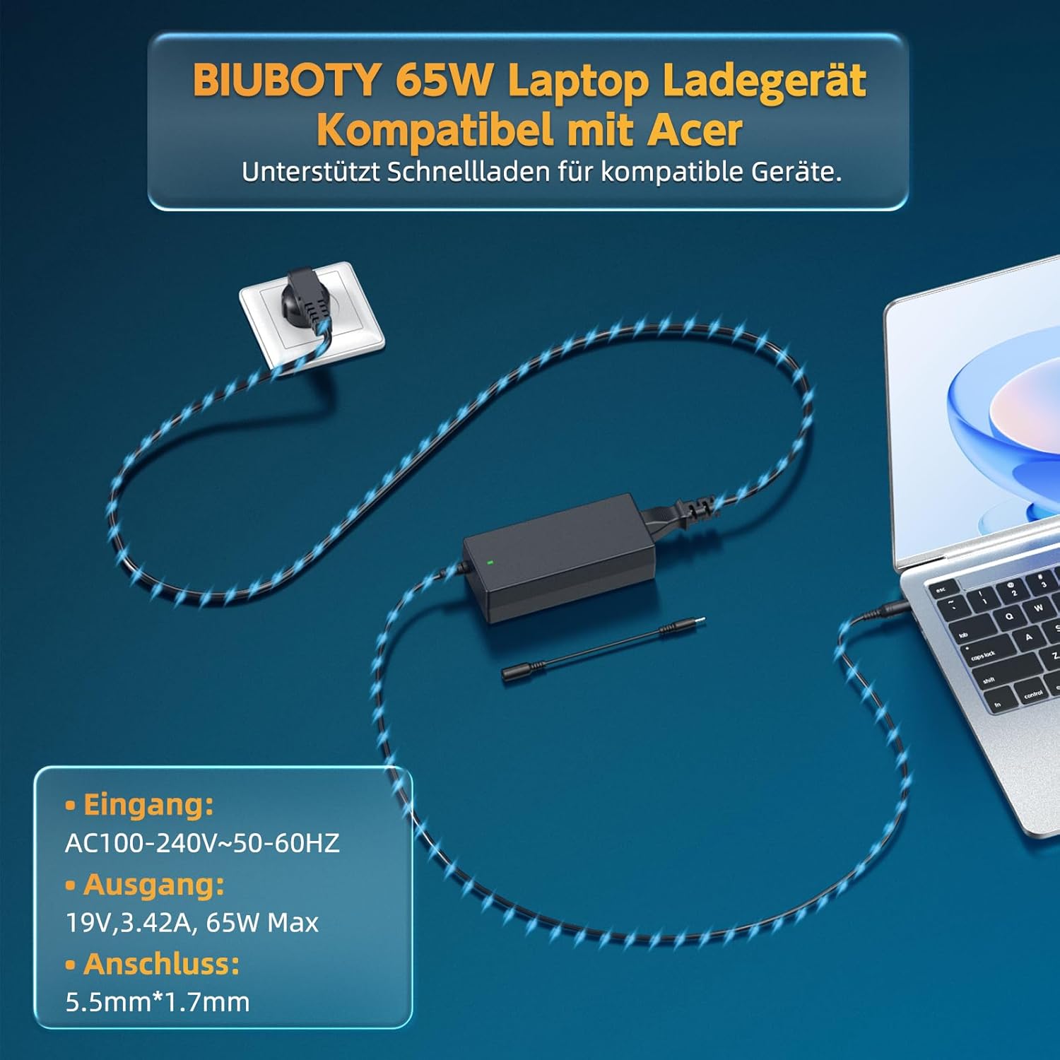 Thumbnail 5 de BIUBOTY 65W Laptop-Netzteil für Acer (19V, 5,5x1,7 mm & 3,0x1,1 mm) – Ladegerät mit 19V/3,42A