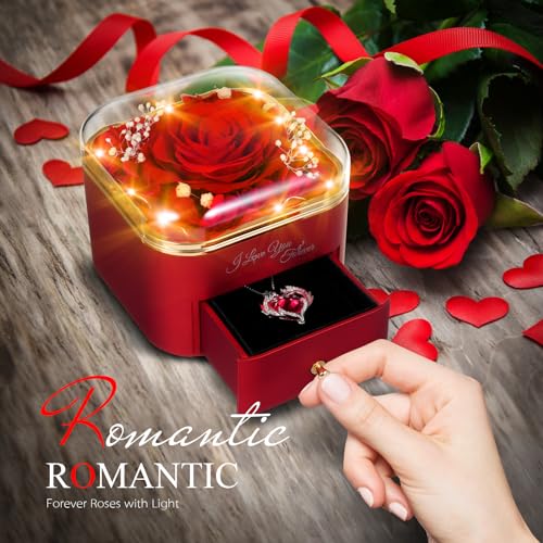 Detalle de GOICC Rosa Eterna: Regalos Originales para Mujer con Collar y Rosa Roja Estabilizada