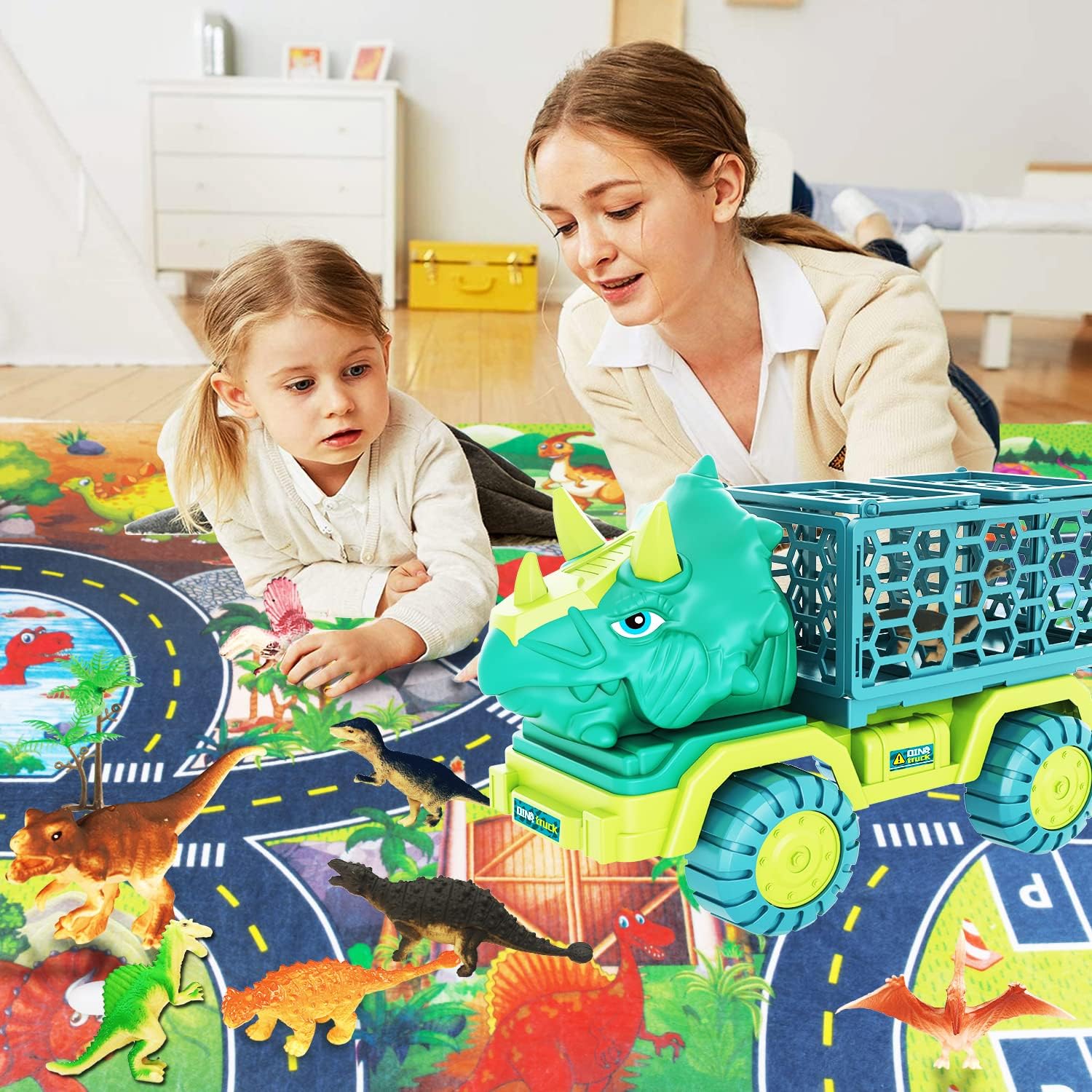 Detalle de Dinosaur Truck Toys for Kids (Triceratops) with 15 Dino Figures, Activity Play Mat & Dinosaur Eggs Set