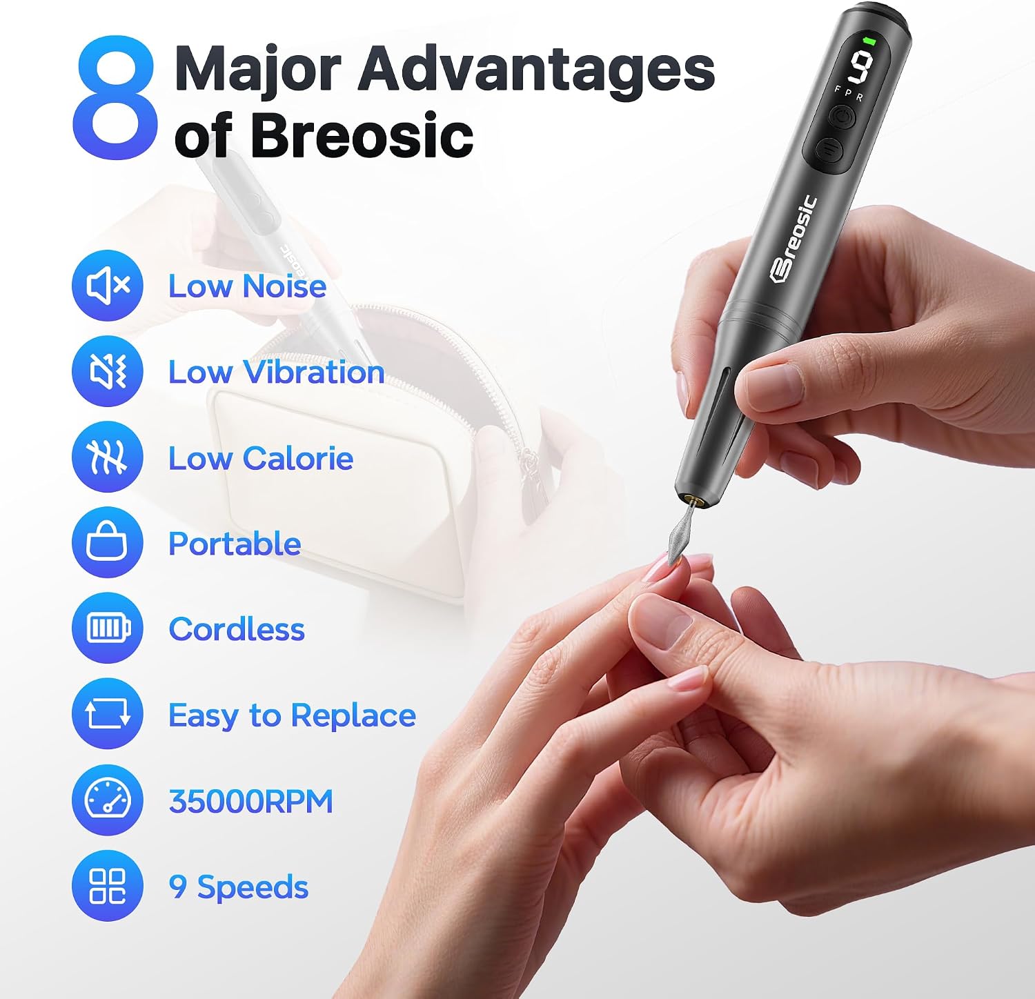 Detalle de Breosic Electric Nail Drill Kit, 35,000 RPM, Cordless, 9 Speeds, LED Display