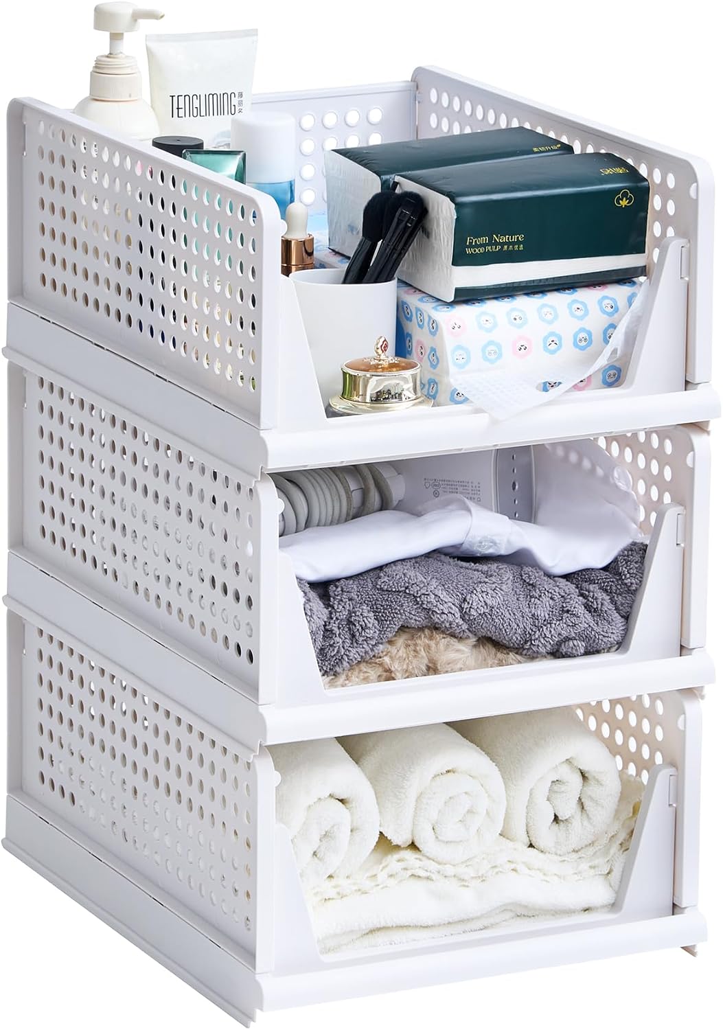 Detalle de VECELO KHD-YSN18-GRY-3T 衣装収納ケース Lサイズ・3個セット、積み重ね・折りたたみ式