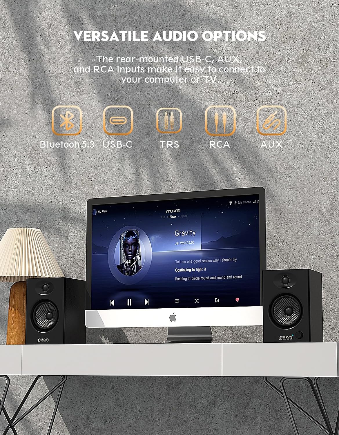 Detalle 2 de OHAYO 60W Active Bookshelf Speakers (Bluetooth 5.3, USB/RCA/AUX) – Stereo 2.0 Desktop Speakers, Black, 1 Pair