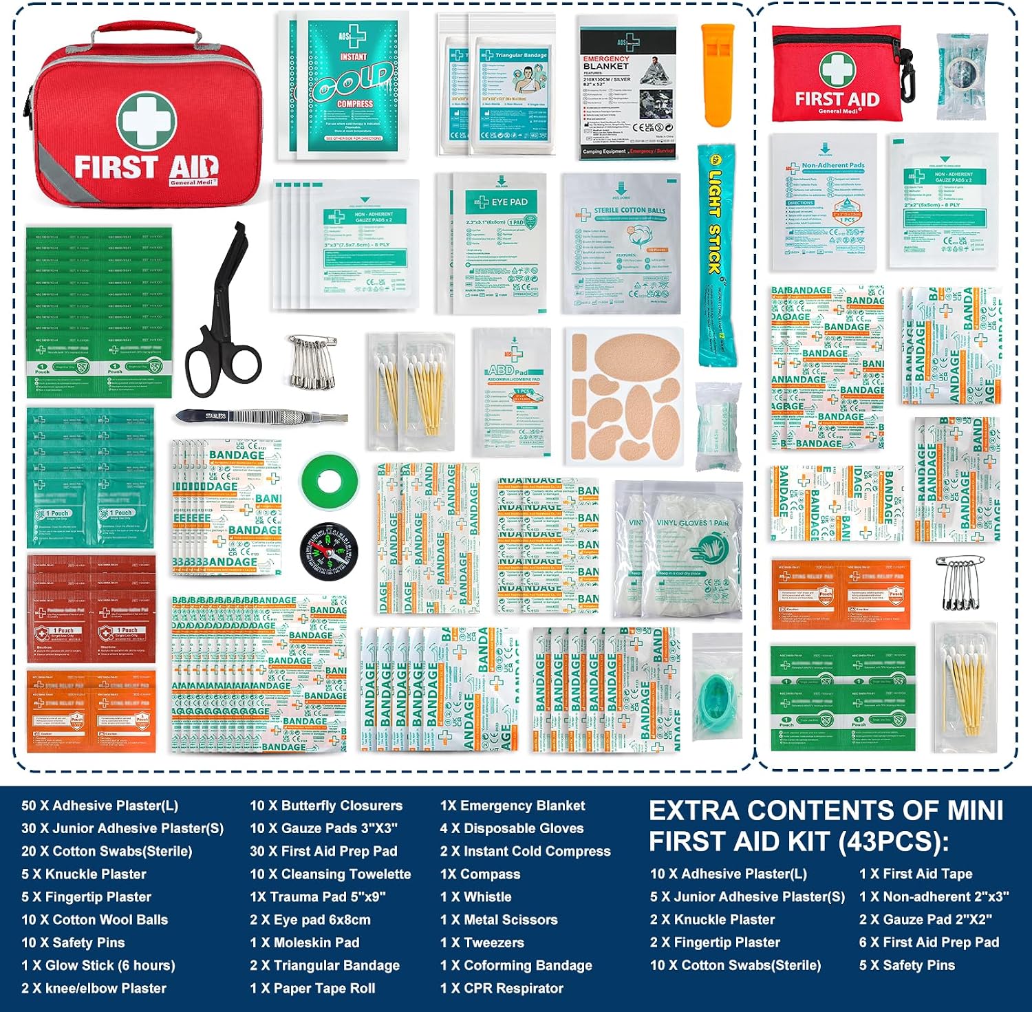 Detalle de General Medi 2-in-1 First Aid Kit, 258 Pieces with Mini Kit, Cold Pack and Emergency Blanket