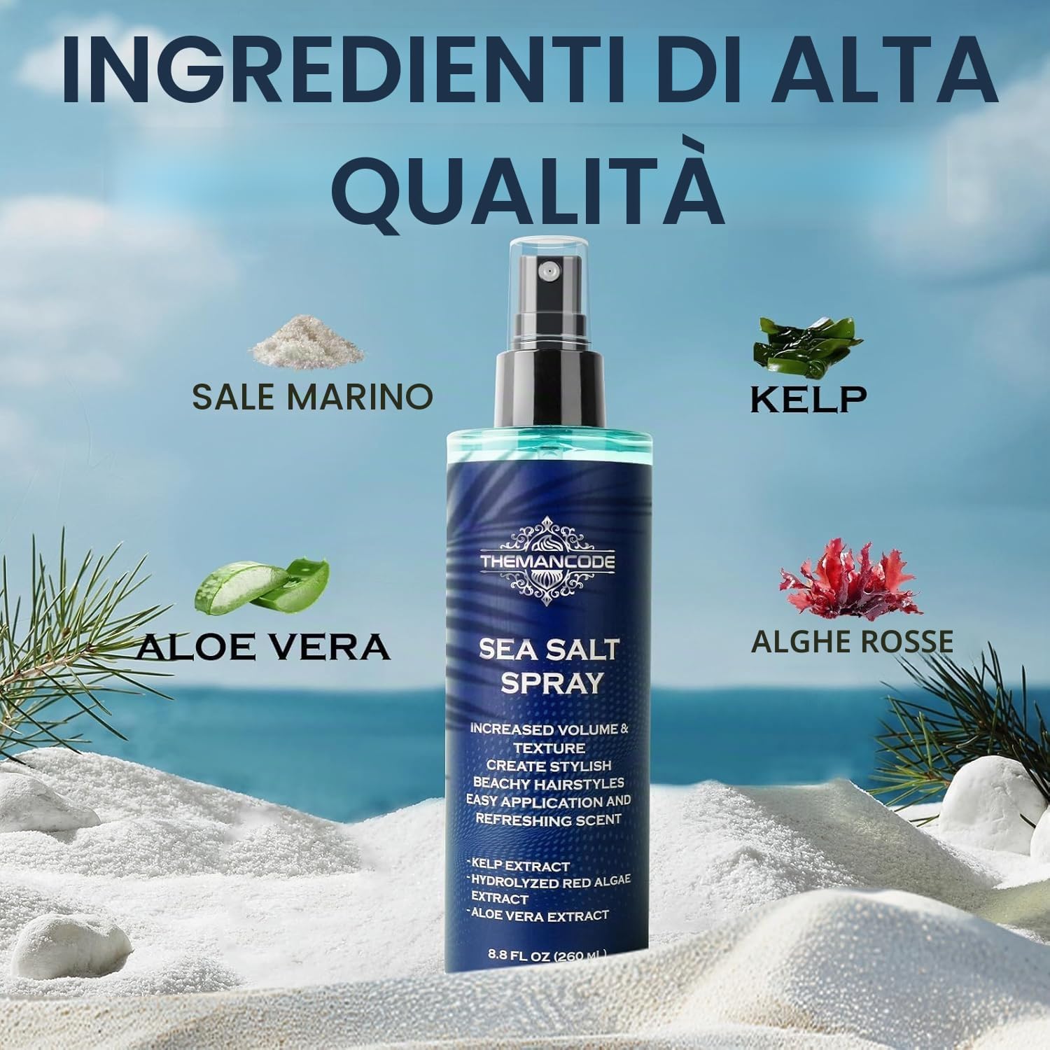 Detalle de THEMANCODE Sea Salt Spray per Capelli Uomo, 260 ml: volume istantaneo e texture da surf