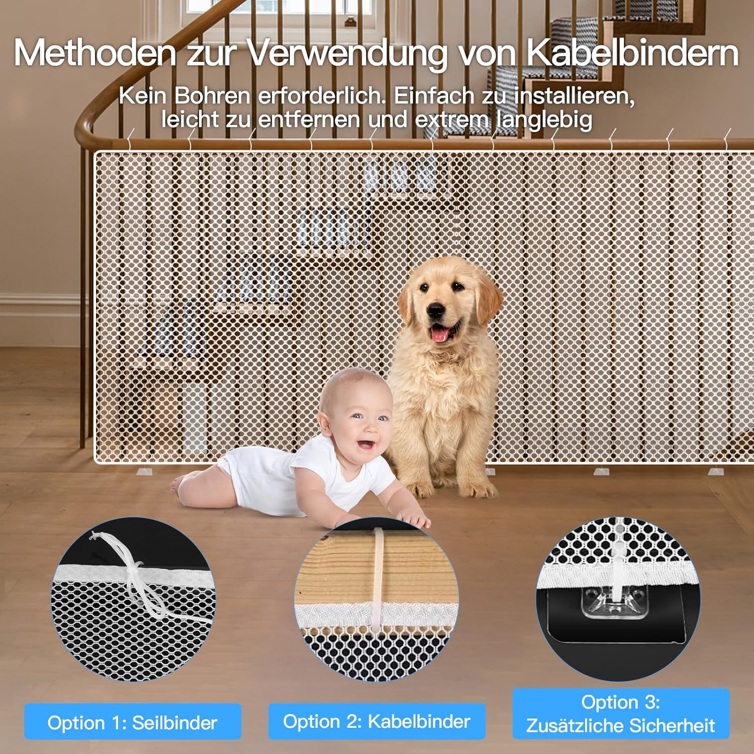 Thumbnail 2 de YIBONIKA Treppen Schutznetz Kinder (3 x 0,9 m), Sicherheitsnetz für Balkon, Geländer & Haustiere – weiß