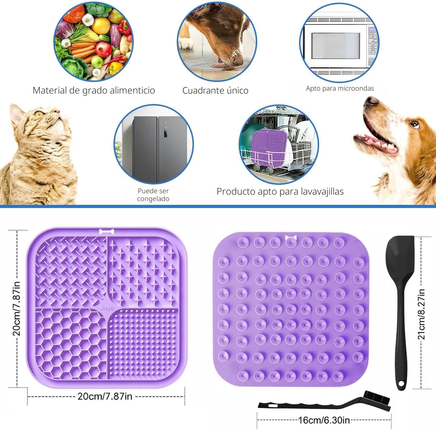 Detalle de Azyh 2 Alfombrillas para Lamer perros y gatos 20x20 cm con ventosas | Alimentador lento y tapete anti estrés