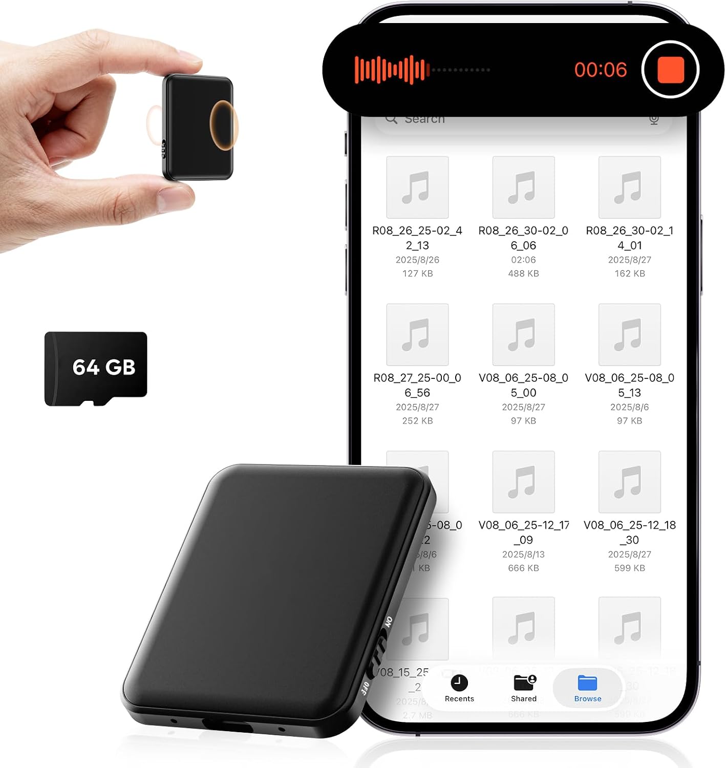 Detalle de Hypamutek 64GB Magnetic Voice-Activated Recorder with AI Noise Reduction