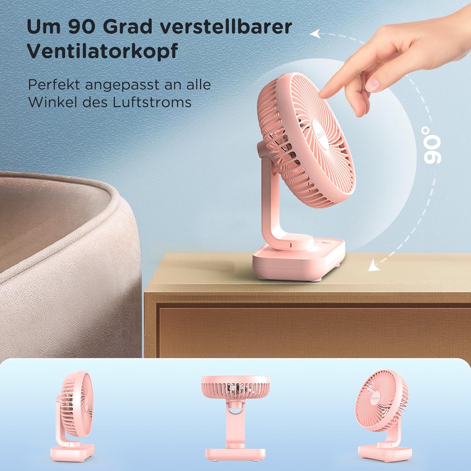 Thumbnail 6 de EasyAcc Tischventilator 4000 Akku – Tragbarer USB Tischventilator Rosa (13,8 x 7,5 x 18,3 cm, 296 g)