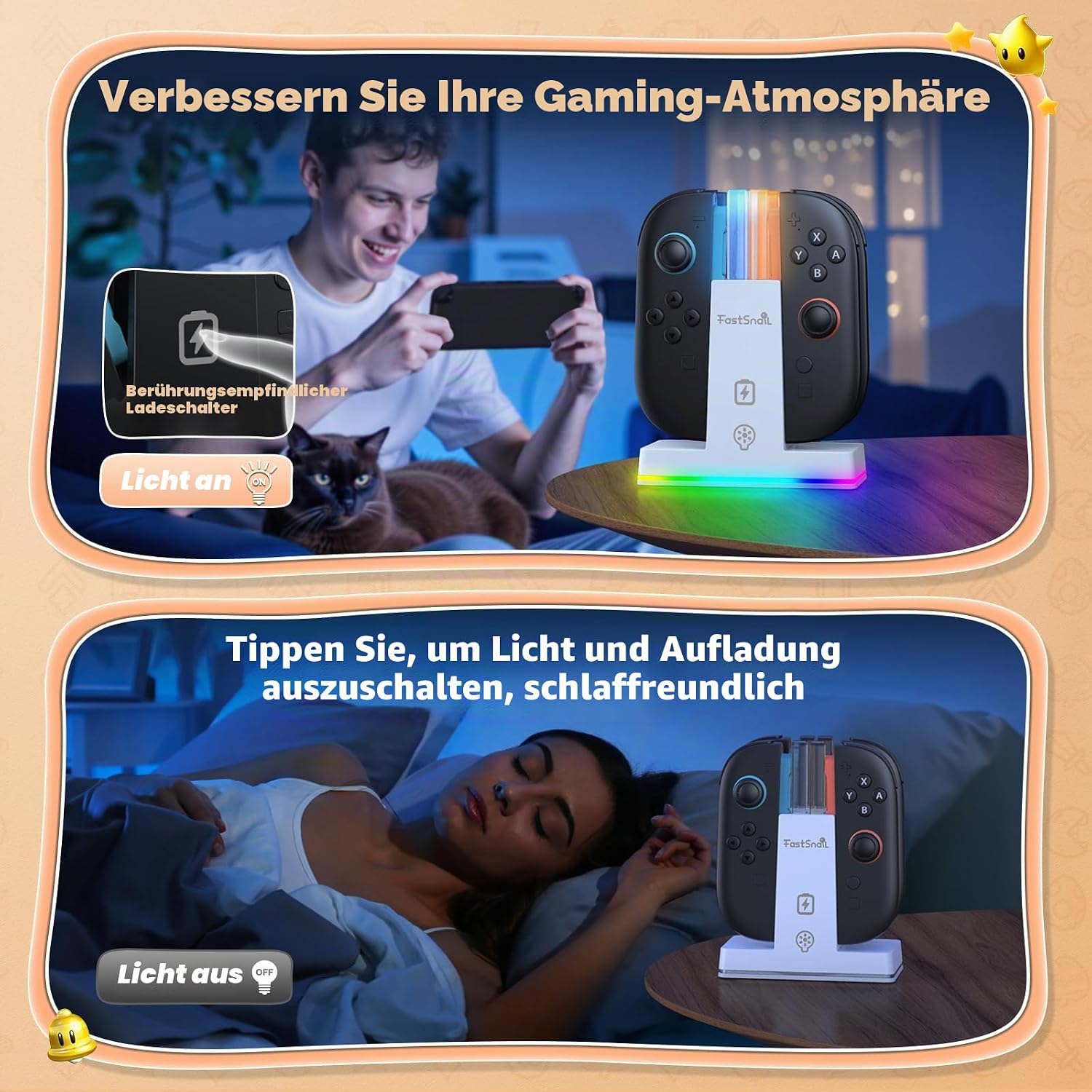 Detalle de FASTSNAIL RGB Ladestation für Joy Con 2 – magnetisch, für bis zu 4 Controller, 9 RGB-Modi (Weiß)