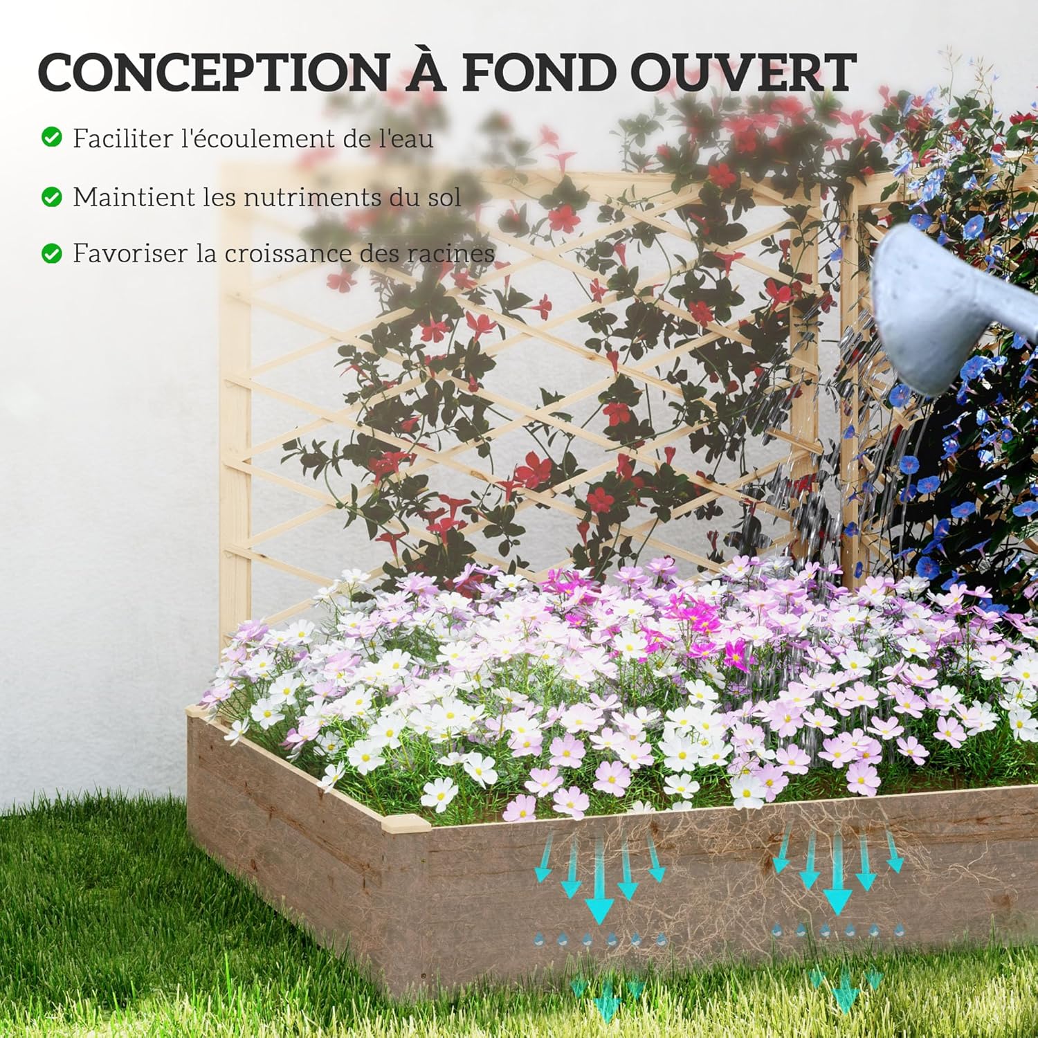 Thumbnail 5 de Outsunny Jardinière surélevée avec 3 treillis modulables et 2 bacs à planter, bois naturel verni (222 x 114 x 109 cm)