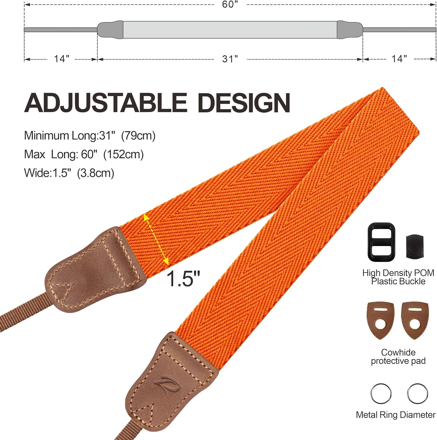Thumbnail 5 de Padwa Lifestyle Orange Camera Strap – Double Layer Cowhide Ends, 1.5" Wide Cotton Weave, Adjustable