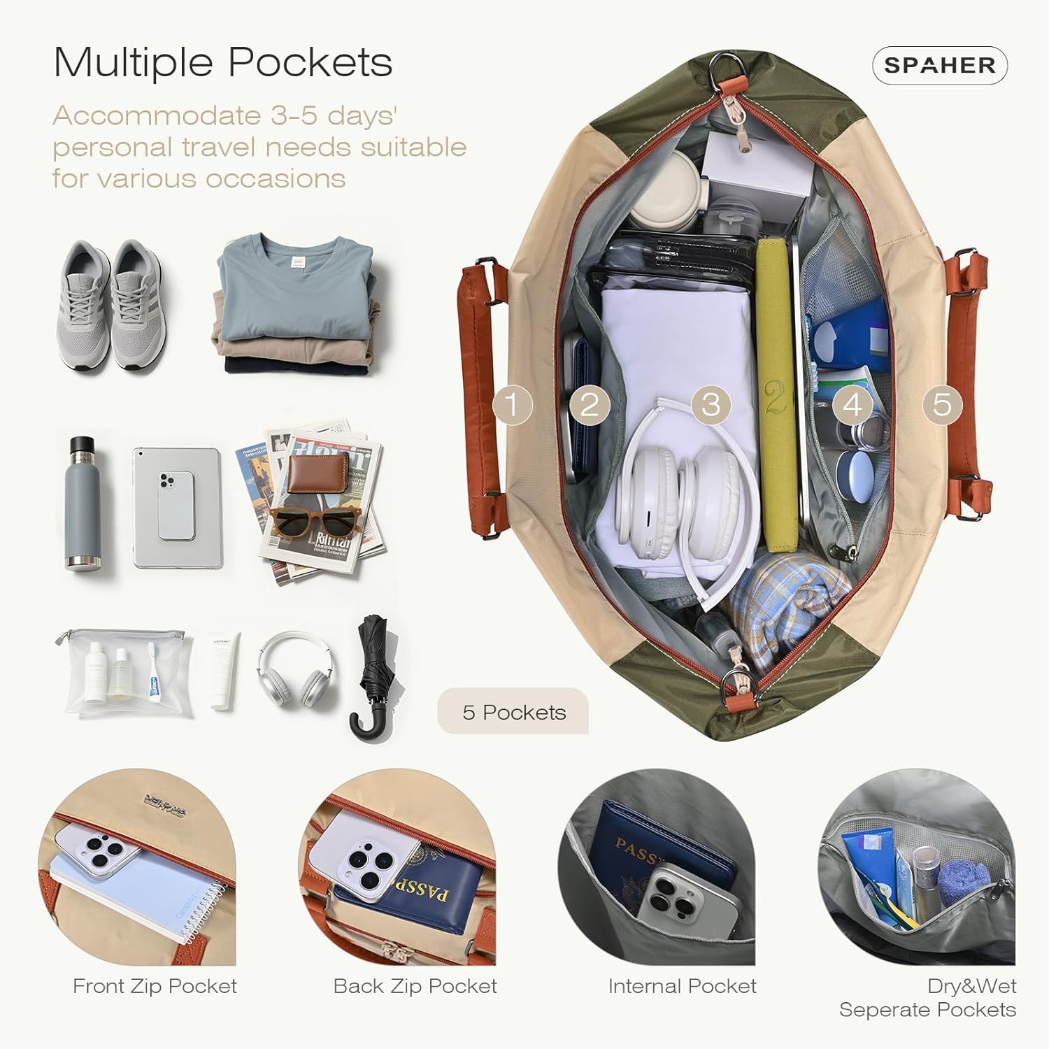 Detalle de SPAHER Expandable Foldable Travel Cabin Duffle Bag with Wet Pocket 40L