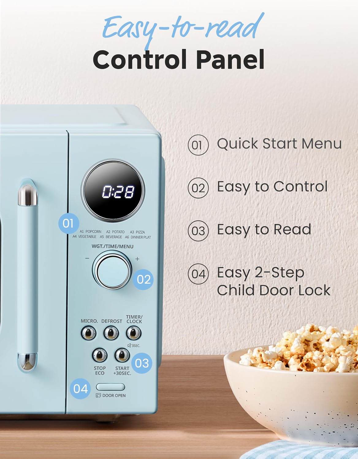 Detalle de COMFEE' Retro Microwave Oven (CMO-MMP02AAGN) – 0.9 cu.ft, 900W, Green, 6 Auto Menus